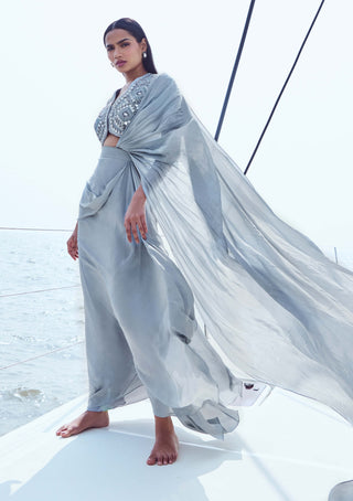 Glass Gray Draped Sari And Blouse by Nirmooha available on Indiaspopup.com