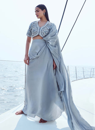 Glass gray draped sari and blouse