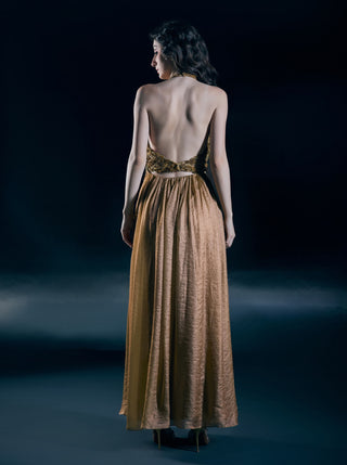 Solar gold halter neck embroidered gown