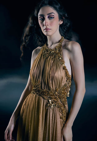 Solar gold halter neck embroidered gown