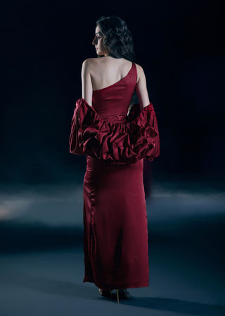 Eos flame red one shoulder gown