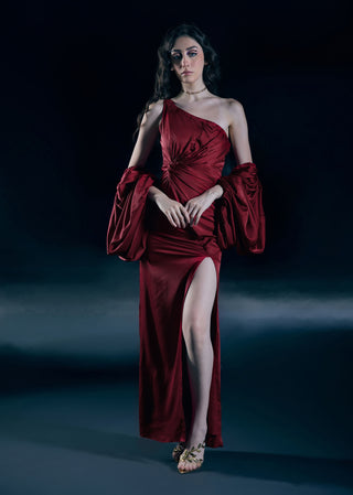 Eos flame red one shoulder gown