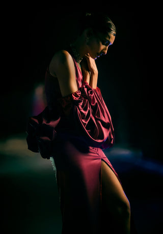 Eos flame red one shoulder gown