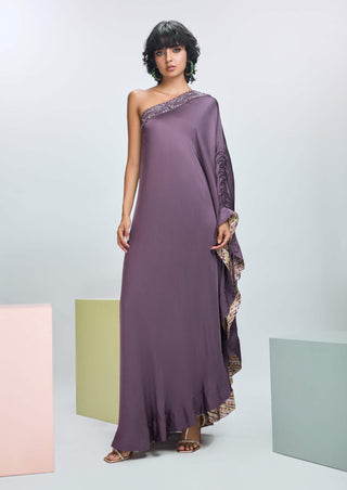 Deep Plum One-Shoulder Embroidered Kaftan by Nirmooha available on Indiaspopup.com