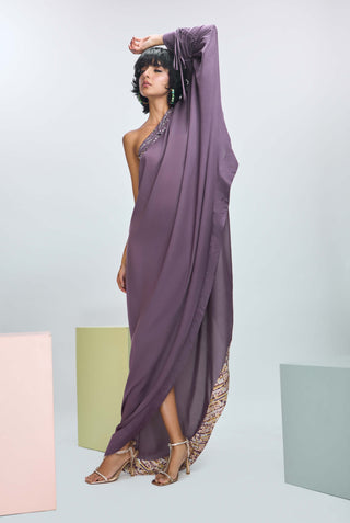 Deep Plum One-Shoulder Embroidered Kaftan by Nirmooha available on Indiaspopup.com