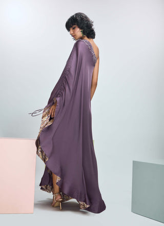 Deep Plum One-Shoulder Embroidered Kaftan by Nirmooha available on Indiaspopup.com