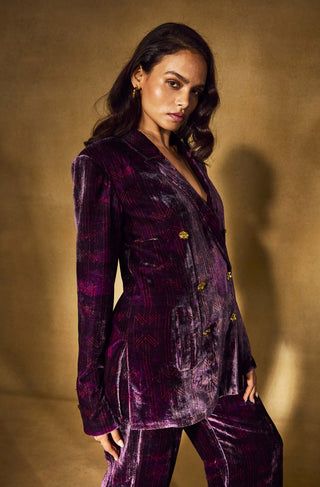 Plum monogram velvet blazer and pants