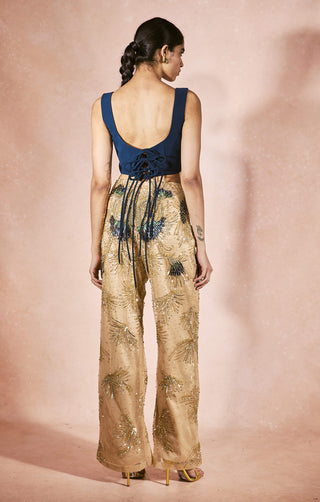 Midnight gold trouser and blue corset top