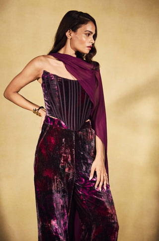 Plum flare velvet corset and trouser set