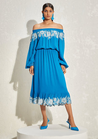 Namrata Joshipura-Prussian Blue Gathered Dress-INDIASPOPUP.COM