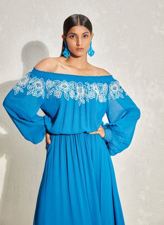 Namrata Joshipura-Prussian Blue Gathered Dress-INDIASPOPUP.COM