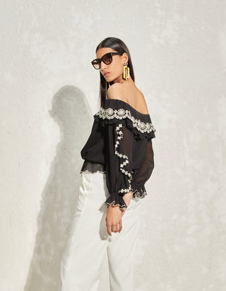 Namrata Joshipura-Black Scallop Off-Shoulder Top-INDIASPOPUP.COM