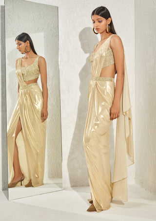 Namrata Joshipura-Gold Metallic Pleated Sari And Corset-INDIASPOPUP.COM