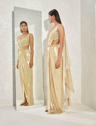 Namrata Joshipura-Gold Metallic Pleated Sari And Corset-INDIASPOPUP.COM