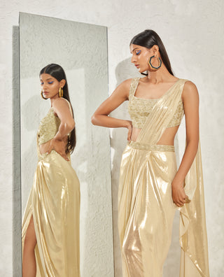 Namrata Joshipura-Gold Metallic Pleated Sari And Corset-INDIASPOPUP.COM