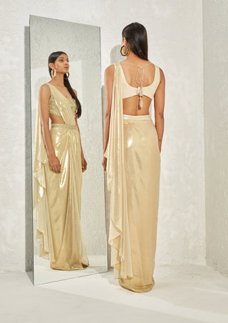 Namrata Joshipura-Gold Metallic Pleated Sari And Corset-INDIASPOPUP.COM