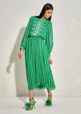 Namrata Joshipura-Kelly Green Stripes Gathered Dress-INDIASPOPUP.COM