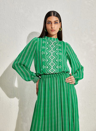 Namrata Joshipura-Kelly Green Stripes Gathered Dress-INDIASPOPUP.COM