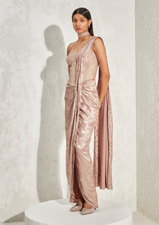 Namrata Joshipura-Rose Gold Belladonna Corset And Draped Sari-INDIASPOPUP.COM