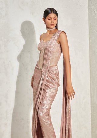 Namrata Joshipura-Rose Gold Belladonna Corset And Draped Sari-INDIASPOPUP.COM