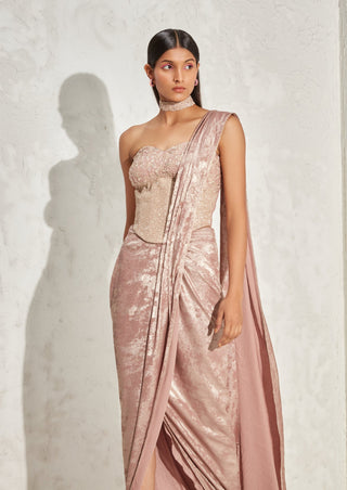 Namrata Joshipura-Rose Gold Belladonna Corset And Draped Sari-INDIASPOPUP.COM