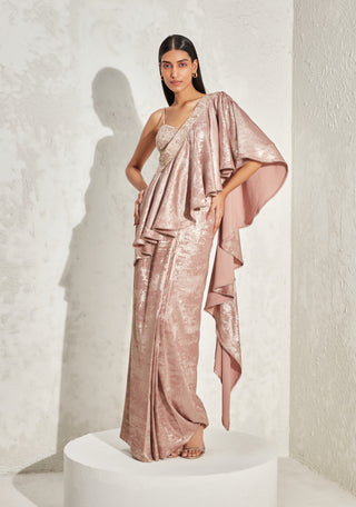 Namrata Joshipura-Rose Gold Shimmer Draped Sari And Blouse-INDIASPOPUP.COM