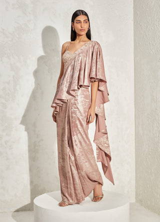 Namrata Joshipura-Rose Gold Shimmer Draped Sari And Blouse-INDIASPOPUP.COM