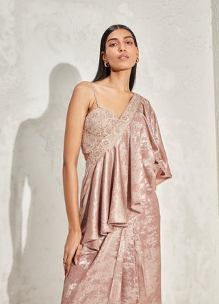 Namrata Joshipura-Rose Gold Shimmer Draped Sari And Blouse-INDIASPOPUP.COM