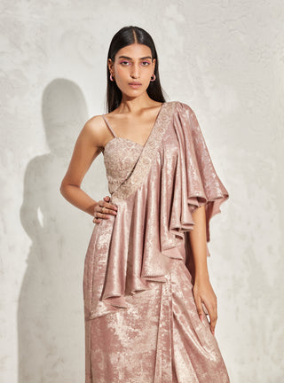 Namrata Joshipura-Rose Gold Shimmer Draped Sari And Blouse-INDIASPOPUP.COM