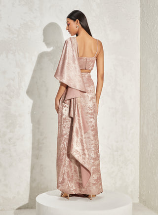 Namrata Joshipura-Rose Gold Shimmer Draped Sari And Blouse-INDIASPOPUP.COM