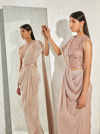 Namrata Joshipura-Rose Gold Metallic Draped Sari Set-INDIASPOPUP.COM