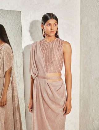Namrata Joshipura-Rose Gold Metallic Draped Sari Set-INDIASPOPUP.COM