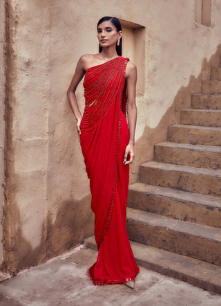 Red padmaraga sari set