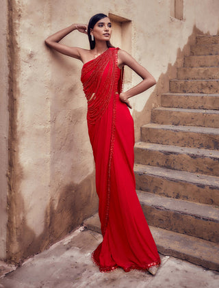 Red padmaraga sari set
