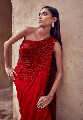 Red padmaraga sari set