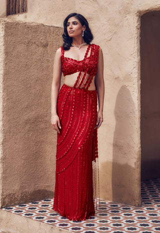 Red padmaraga drape sari with blouse