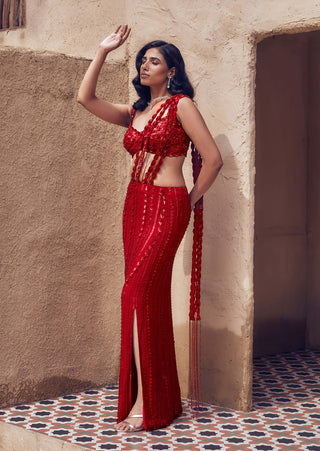 Red padmaraga drape sari with blouse