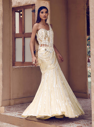 Golden muktika pearl drape mermaid lehenga sari