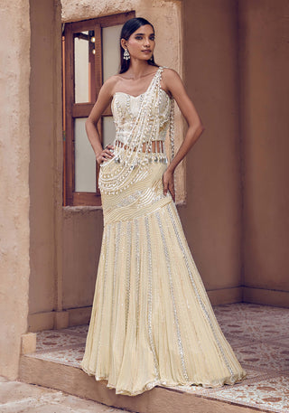 Golden muktika pearl drape mermaid lehenga sari