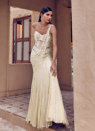 Golden muktika pearl drape mermaid lehenga sari