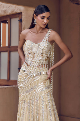 Golden muktika pearl drape mermaid lehenga sari