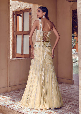 Golden muktika pearl drape mermaid lehenga sari