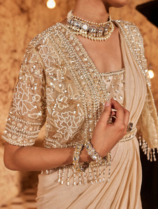 Nidhika Shekhar-Golden Draped Sari And Cape Set-INDIASPOPUP.COM