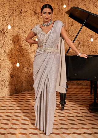 Nidhika Shekhar-Silver Chand Mala Draped Sari Set-INDIASPOPUP.COM