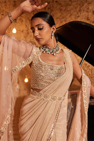 Nidhika Shekhar-Champagne Subh Shree Utsav Sari And Cape Set-INDIASPOPUP.COM