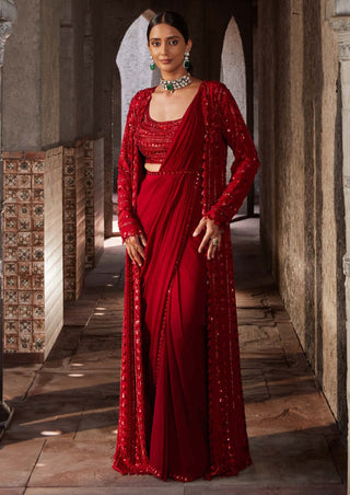 Nidhika Shekhar-Red Jalsa Draped Sari And Cape Set-INDIASPOPUP.COM