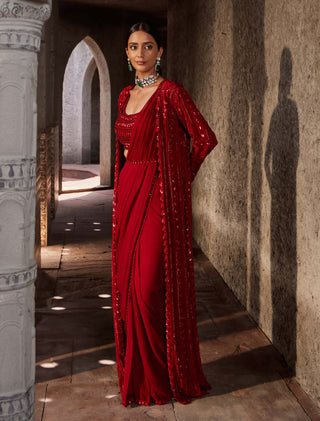 Nidhika Shekhar-Red Jalsa Draped Sari And Cape Set-INDIASPOPUP.COM