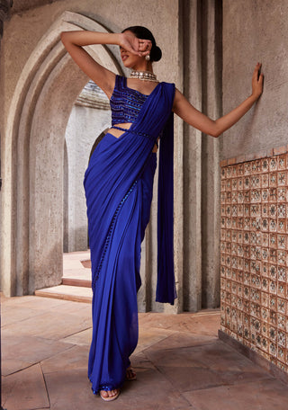 Nidhika Shekhar-Jalsa Blue Draped Sari And Cape Set-INDIASPOPUP.COM