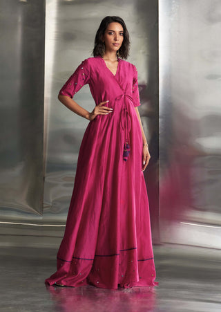 Pop Pink Wrap-Around Anarkali Set by Charkhee, available on Indiaspopup.com