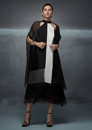 Black white rothko halter dress and sheer jacket